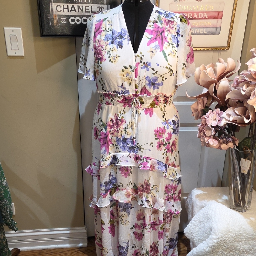 Nwt 1X Tamara H Floral V-Neck Tiered Maxi Dress -White with Pink & Purple Floral